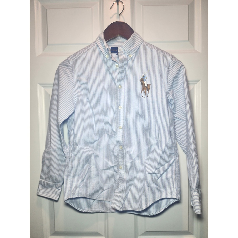 Polo Ralph Lauren Boys Blue White Striped Big Pony Button up Shirt Size M 10-12